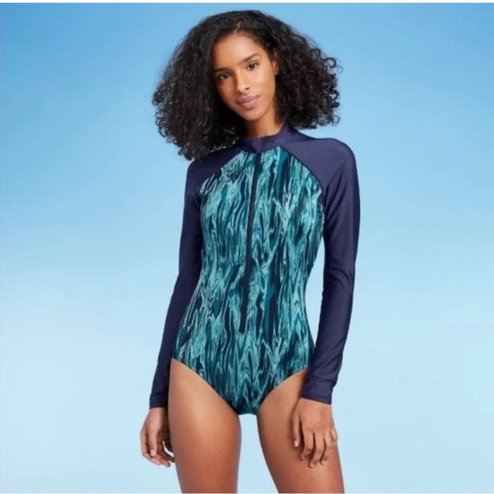 All in Motion Navy and Teal Long Sleeve One Piece Swimsuit- NWOT's Sz Lg